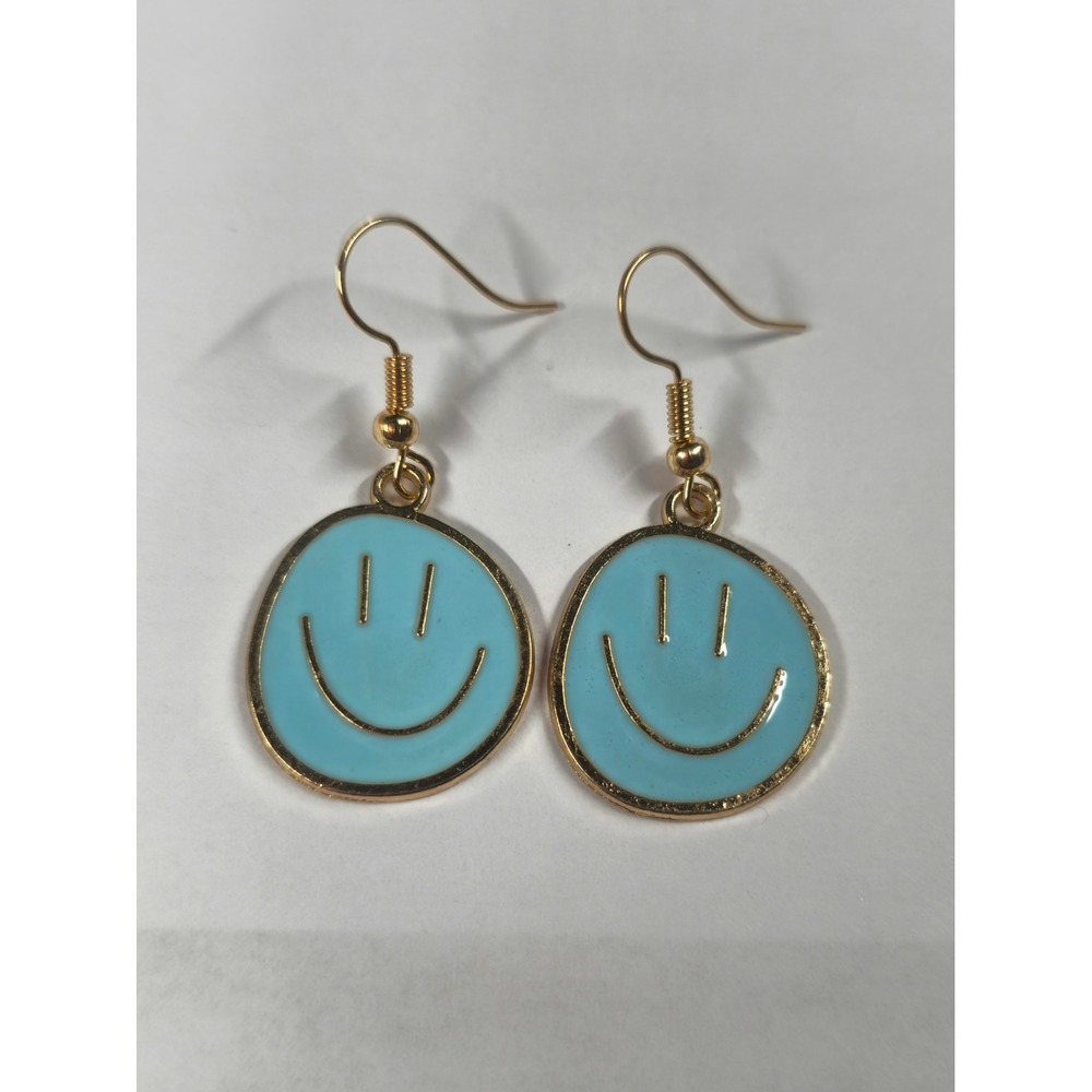 Light Blue Smiley Face Enamel Drop Earrings Gold Tone Happy Face Jewelry - Picture 2 of 4